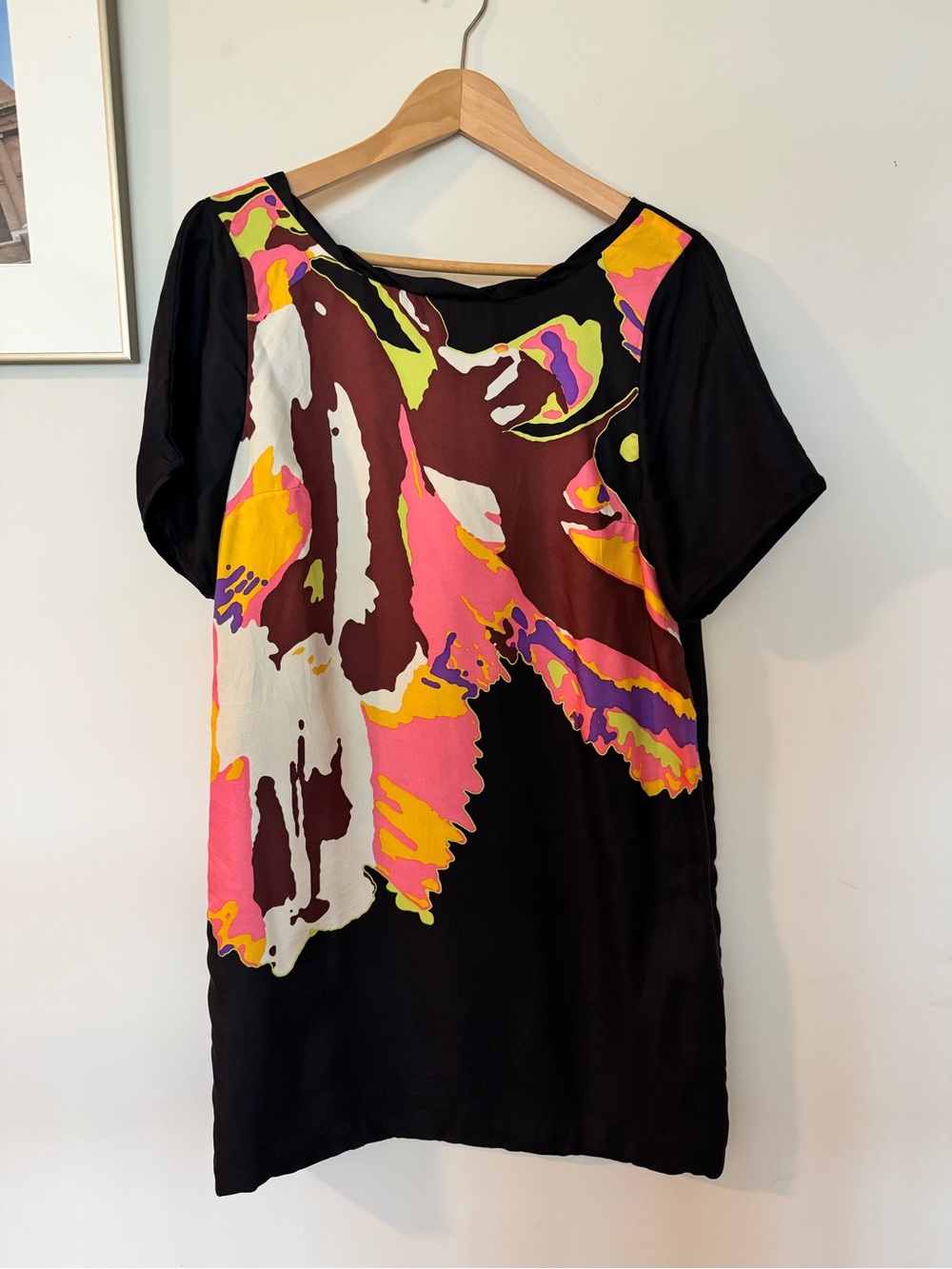 Tibi Black Mini Sheath Dress with Pink, Yellow & White Abstract Print